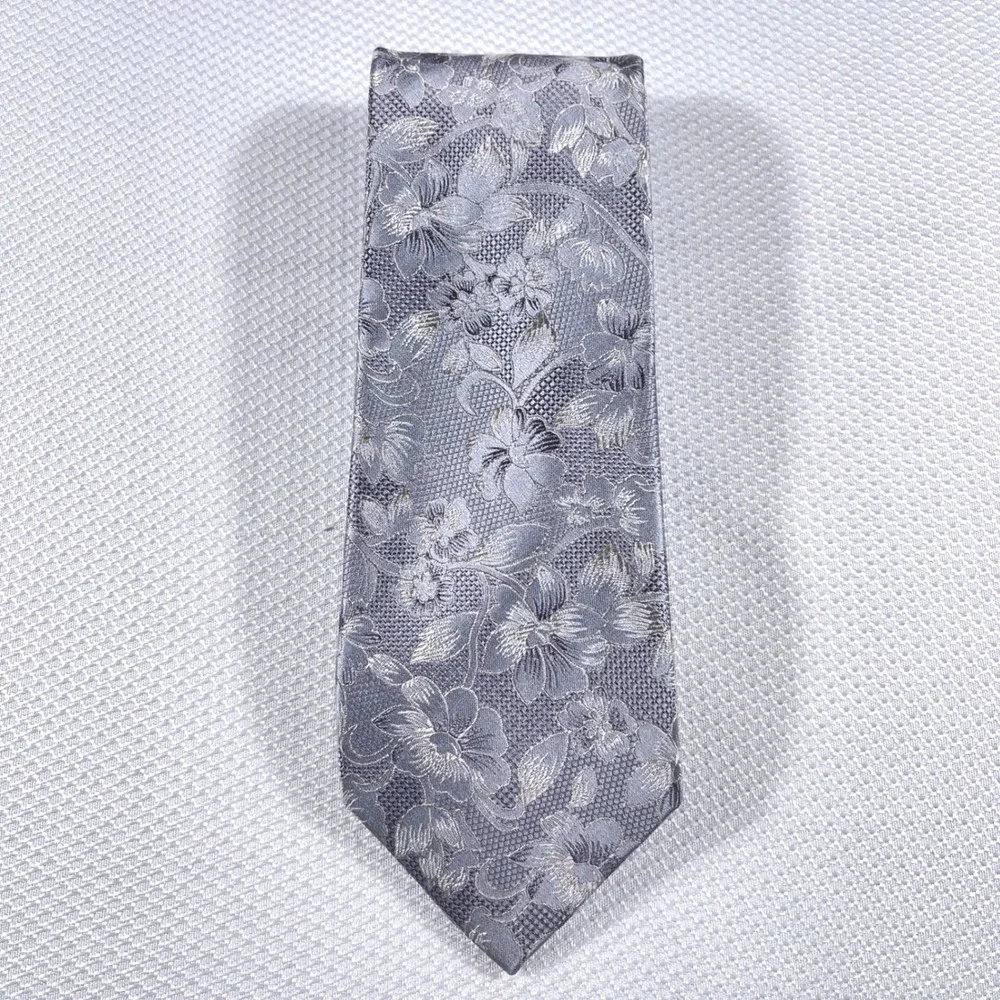 Paul Fredrick Silver Floral Silk Jacquard Necktie Men's Formal‎ Dress Tie